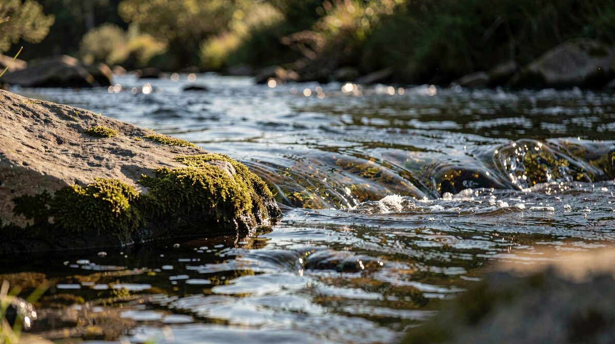 A low morning sun raking a small river, showing a clear current seam behind a boulder, framed close along the water surface with the shadowed bank in soft focus.