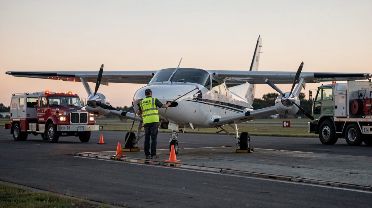 A line service technician in a high-visibility vest marshals a small twin-engine aircraft onto a ramp at dusk, chocks and a fuel truck waiting nearby.