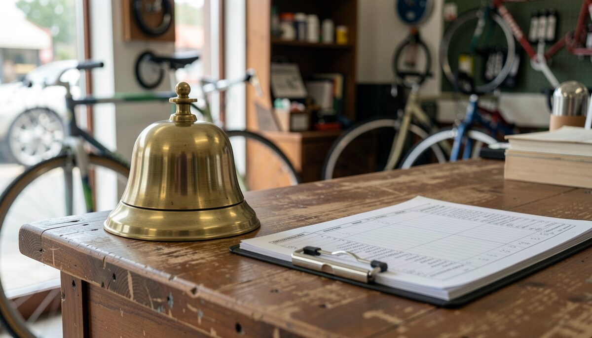 Close-up of a counter bell and a handwritten queue ticket