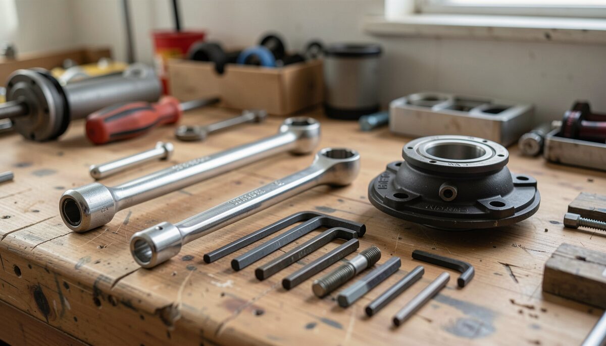 A torque wrench and hex key set laid out on a scarred workshop bench beside a bottom bracket, a sizing chart taped to the wall behind